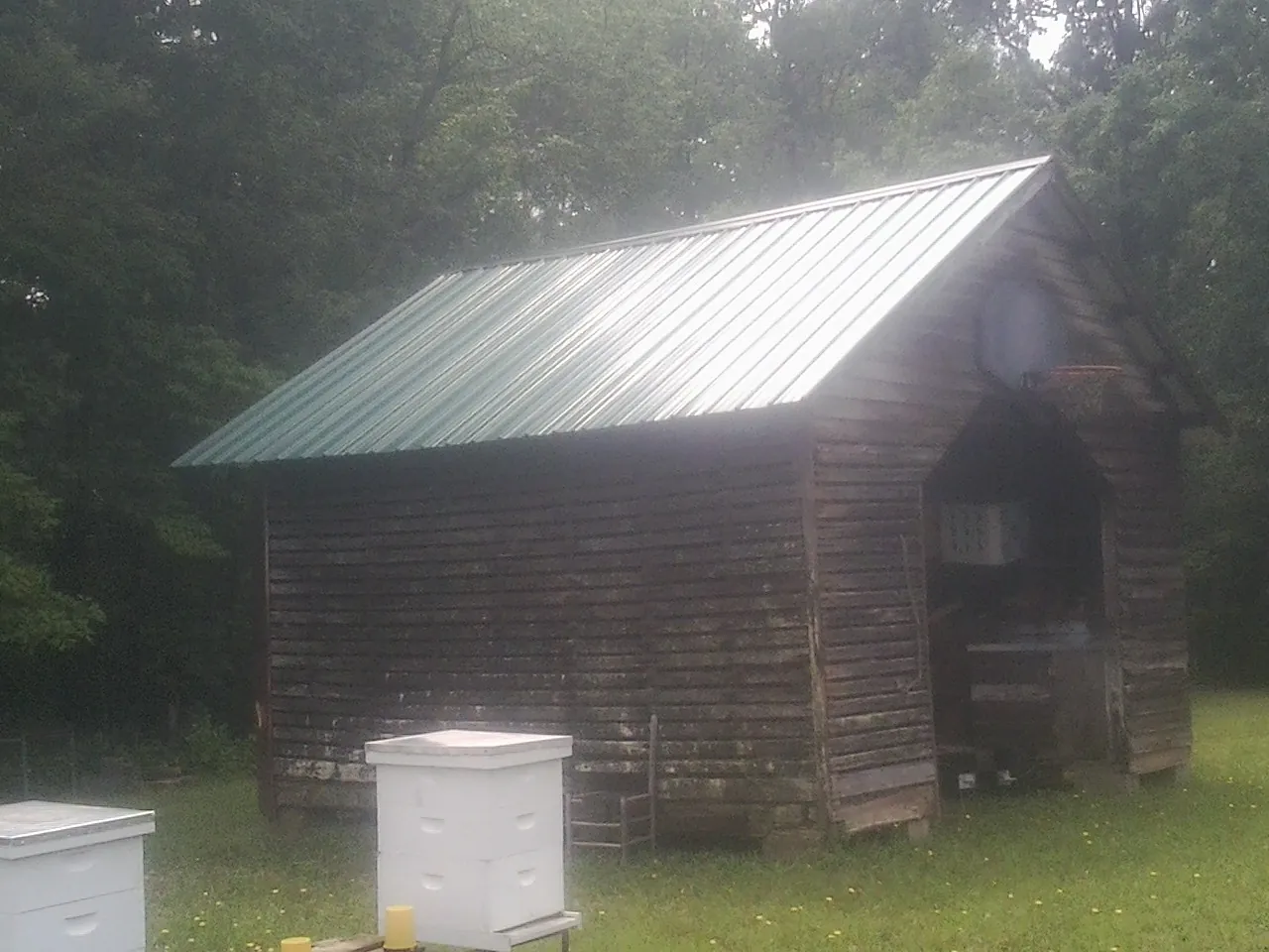 Green metal roof on a weathered barn beside stacked beehives in Renovo