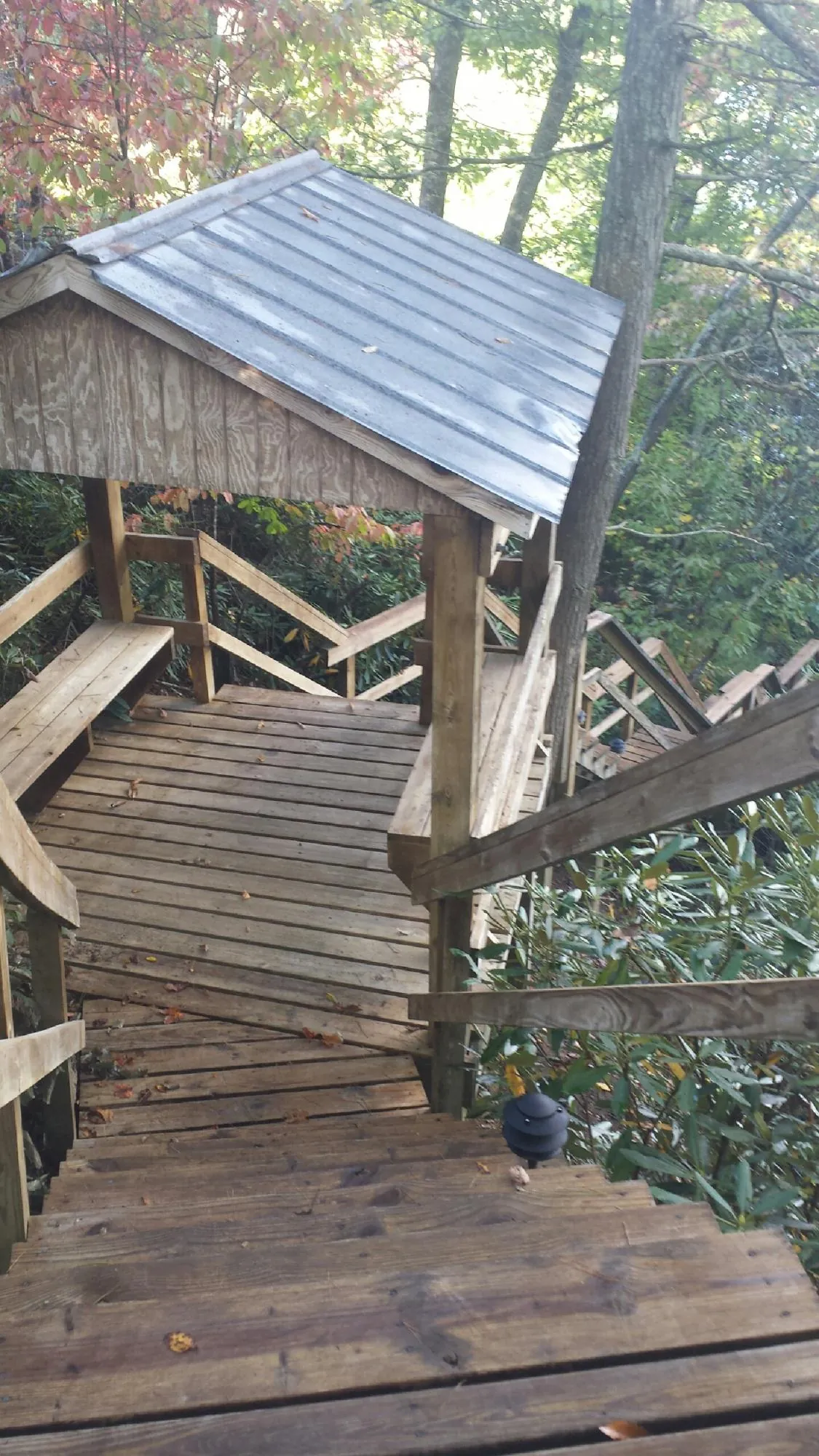 Metal roofed shelter over wooden steps on a wooded walkway — Skylight Repair & Installation work by our crew in Renovo